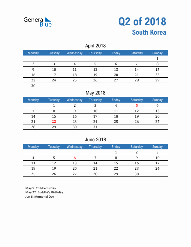 South Korea Q2 2018 Quarterly Calendar with Monday Start