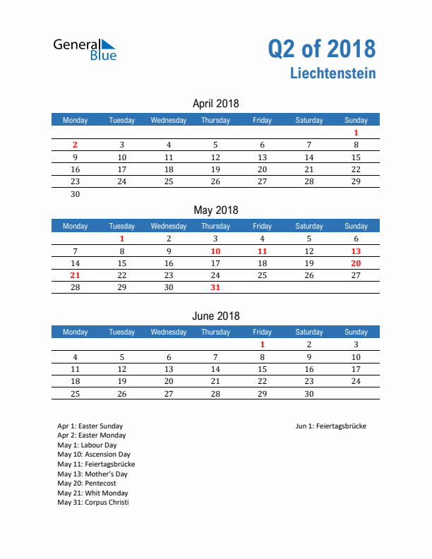 Liechtenstein Q2 2018 Quarterly Calendar with Monday Start