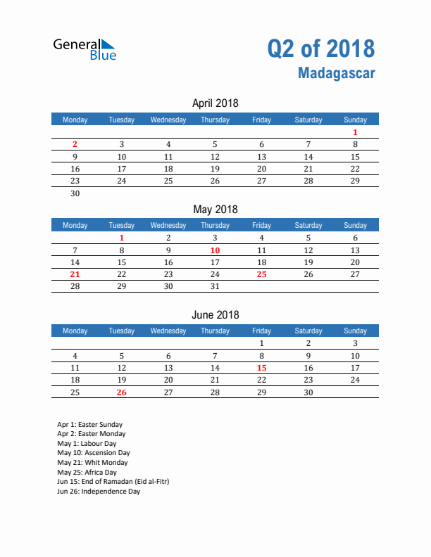 Madagascar Q2 2018 Quarterly Calendar with Monday Start