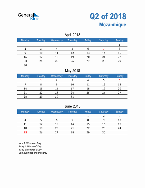 Mozambique Q2 2018 Quarterly Calendar with Monday Start