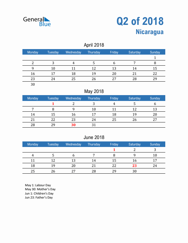 Nicaragua Q2 2018 Quarterly Calendar with Monday Start