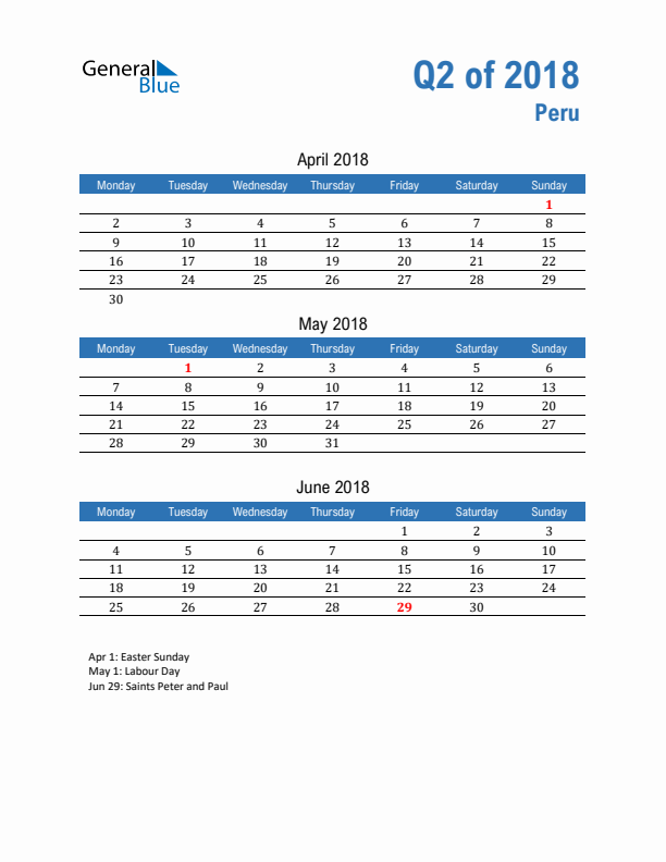 Peru Q2 2018 Quarterly Calendar with Monday Start