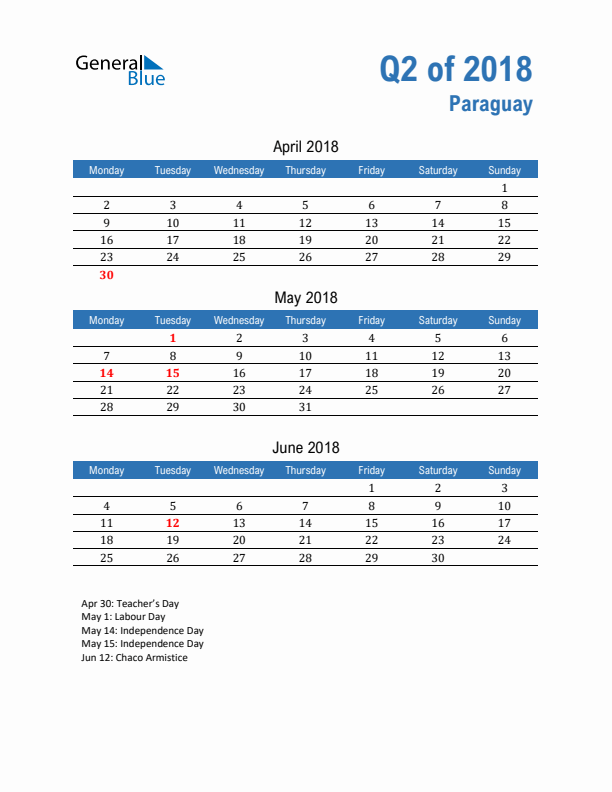 Paraguay Q2 2018 Quarterly Calendar with Monday Start