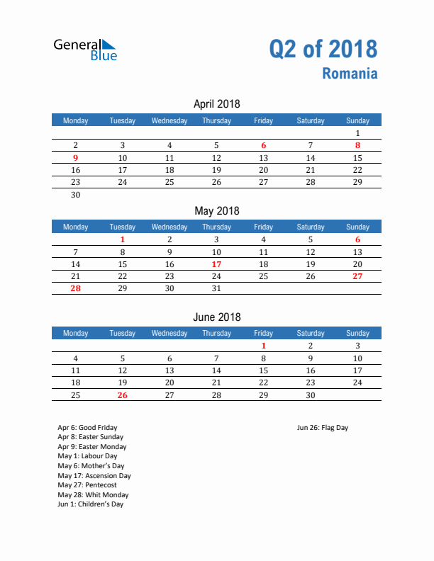 Romania Q2 2018 Quarterly Calendar with Monday Start