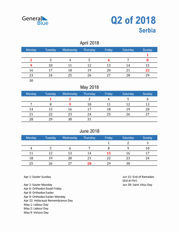 Serbia Q2 2018 Quarterly Calendar with Monday Start