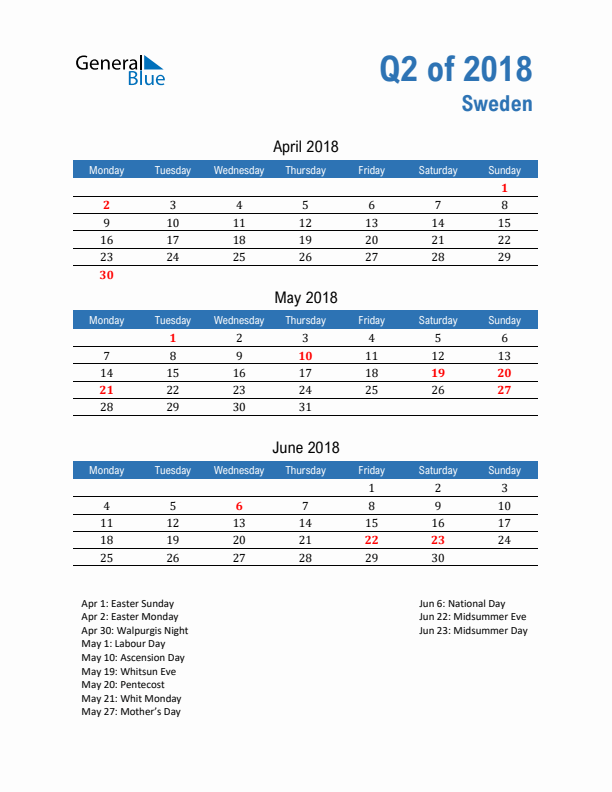 Sweden Q2 2018 Quarterly Calendar with Monday Start