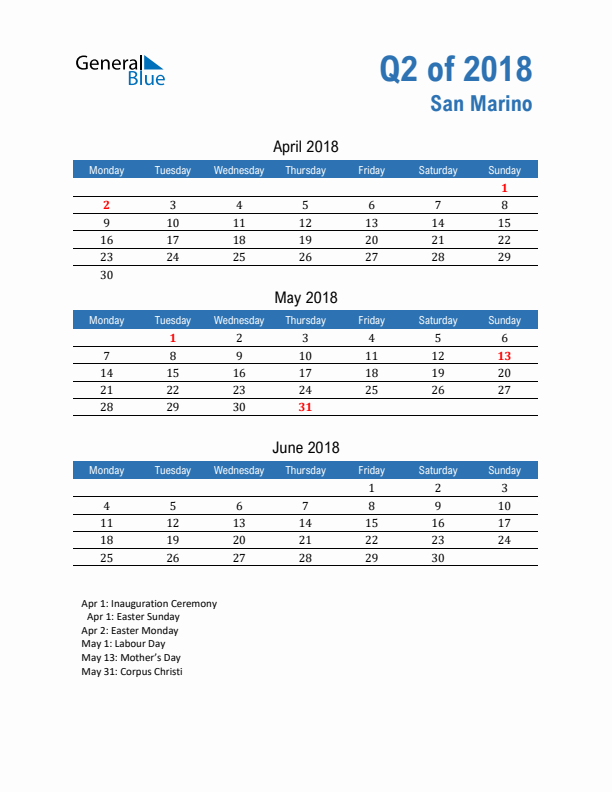 San Marino Q2 2018 Quarterly Calendar with Monday Start