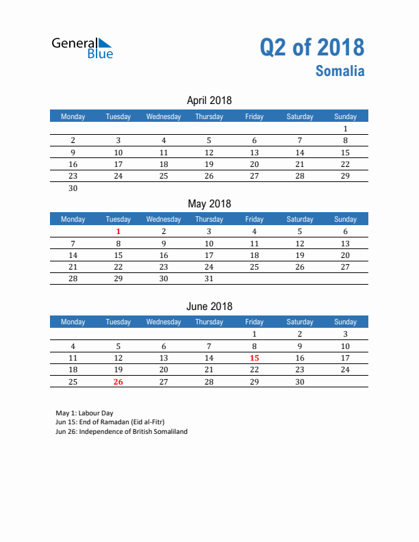 Somalia Q2 2018 Quarterly Calendar with Monday Start