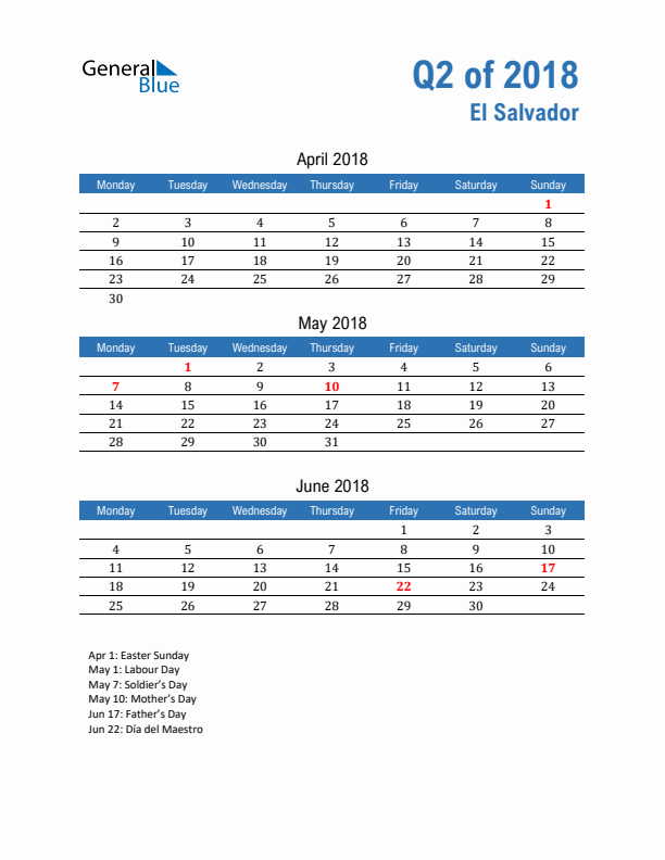 El Salvador Q2 2018 Quarterly Calendar with Monday Start