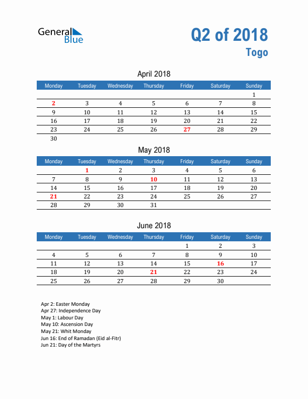 Togo Q2 2018 Quarterly Calendar with Monday Start