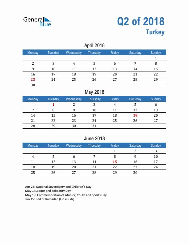 Turkey Q2 2018 Quarterly Calendar with Monday Start