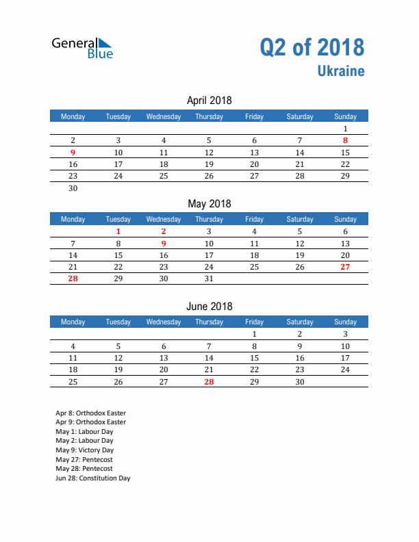 Ukraine Q2 2018 Quarterly Calendar with Monday Start