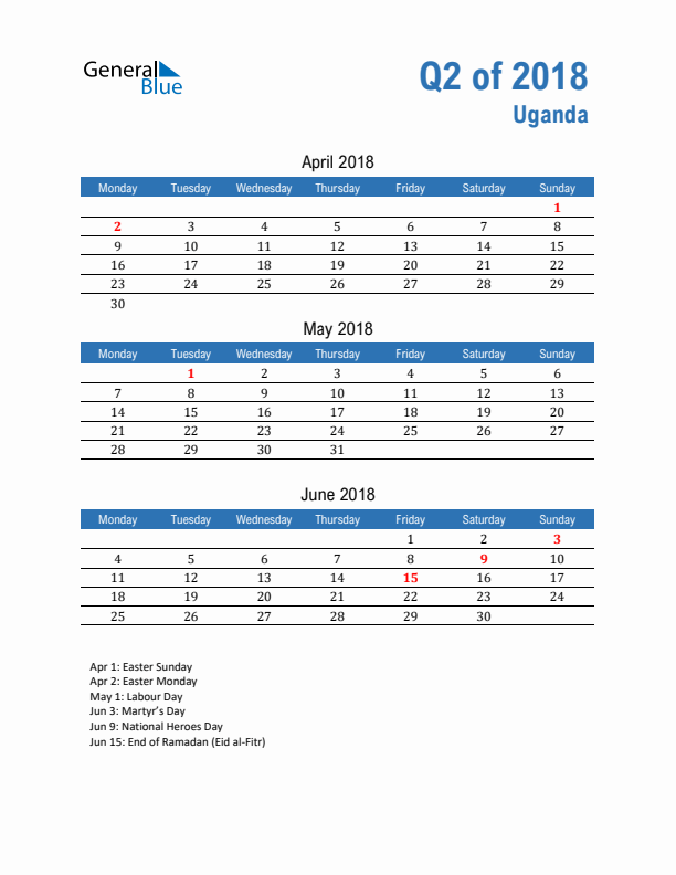 Uganda Q2 2018 Quarterly Calendar with Monday Start