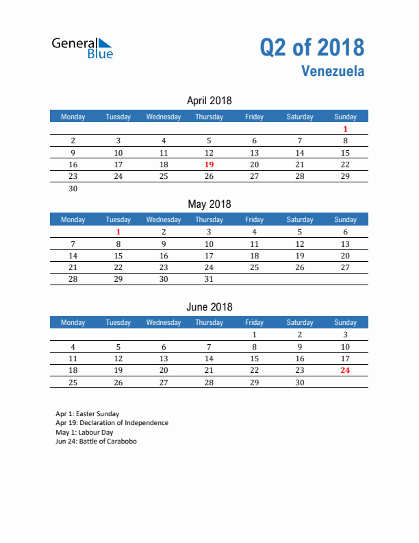 Venezuela Q2 2018 Quarterly Calendar with Monday Start