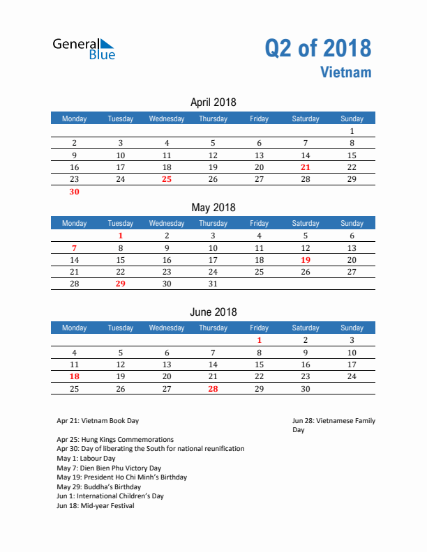 Vietnam Q2 2018 Quarterly Calendar with Monday Start