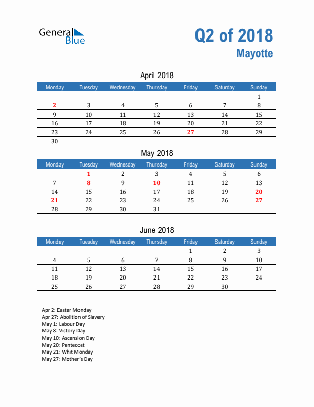 Mayotte Q2 2018 Quarterly Calendar with Monday Start