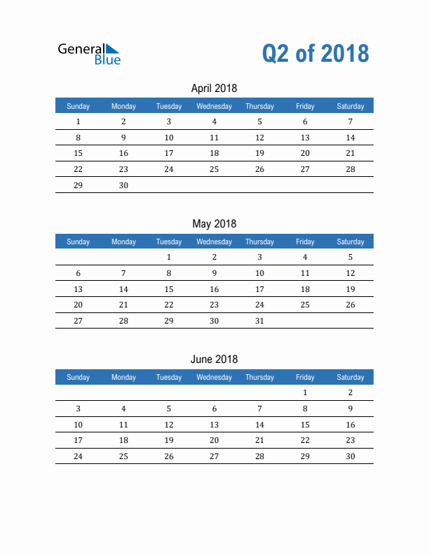 Fillable Quarterly Calendar for Q2 2018