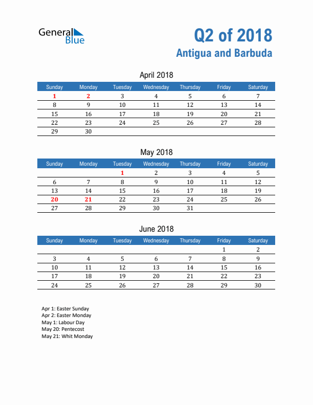 Antigua and Barbuda Q2 2018 Quarterly Calendar with Sunday Start