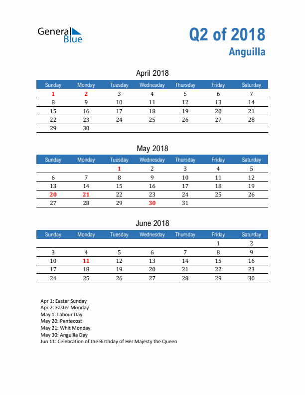 Anguilla Q2 2018 Quarterly Calendar with Sunday Start