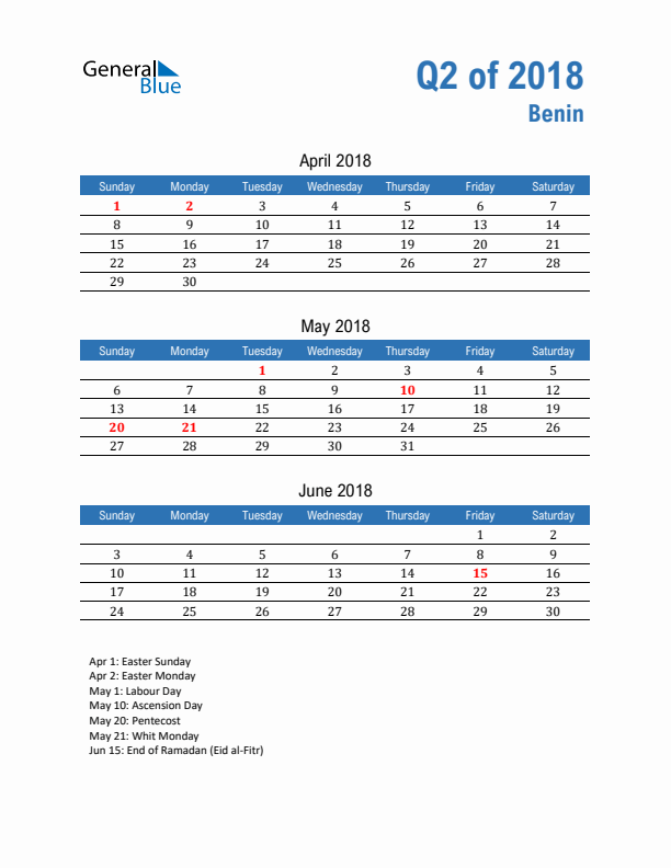 Benin Q2 2018 Quarterly Calendar with Sunday Start