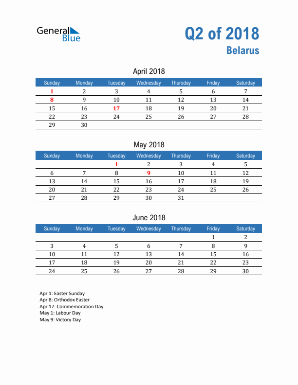 Belarus Q2 2018 Quarterly Calendar with Sunday Start