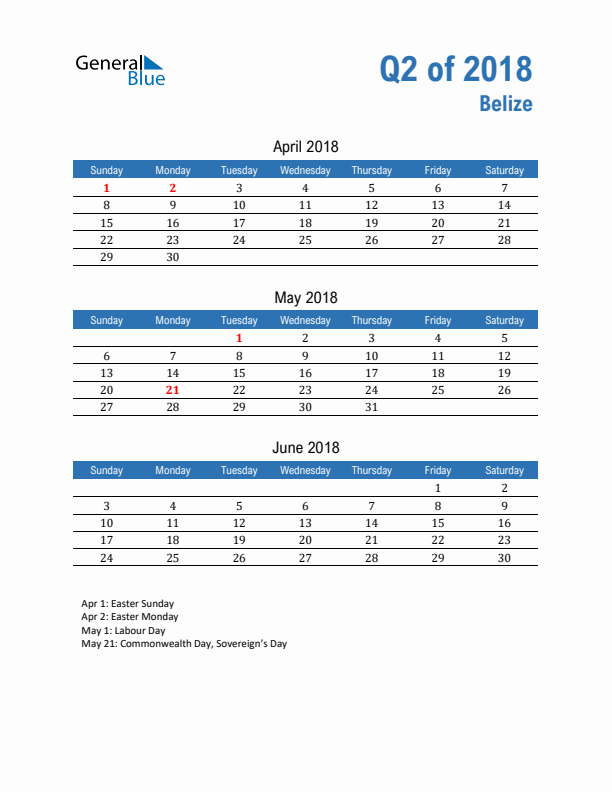 Belize Q2 2018 Quarterly Calendar with Sunday Start