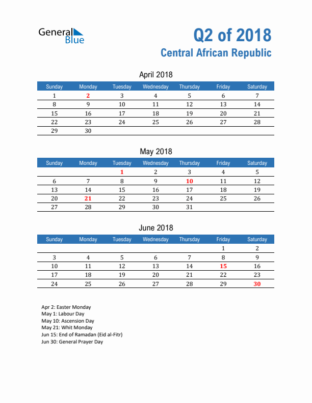 Central African Republic Q2 2018 Quarterly Calendar with Sunday Start