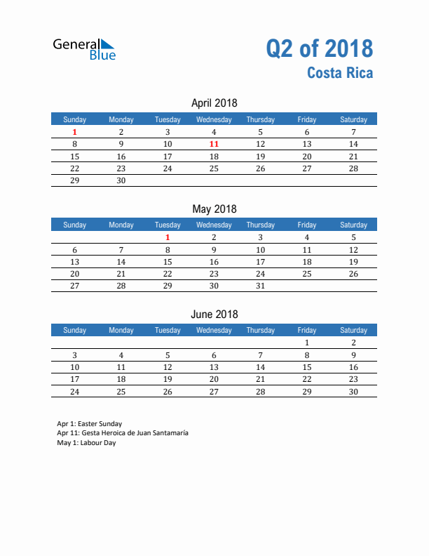 Costa Rica Q2 2018 Quarterly Calendar with Sunday Start