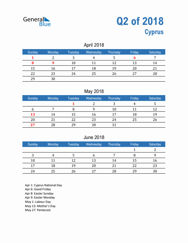 Cyprus Q2 2018 Quarterly Calendar with Sunday Start