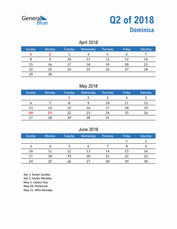 Dominica Q2 2018 Quarterly Calendar with Sunday Start