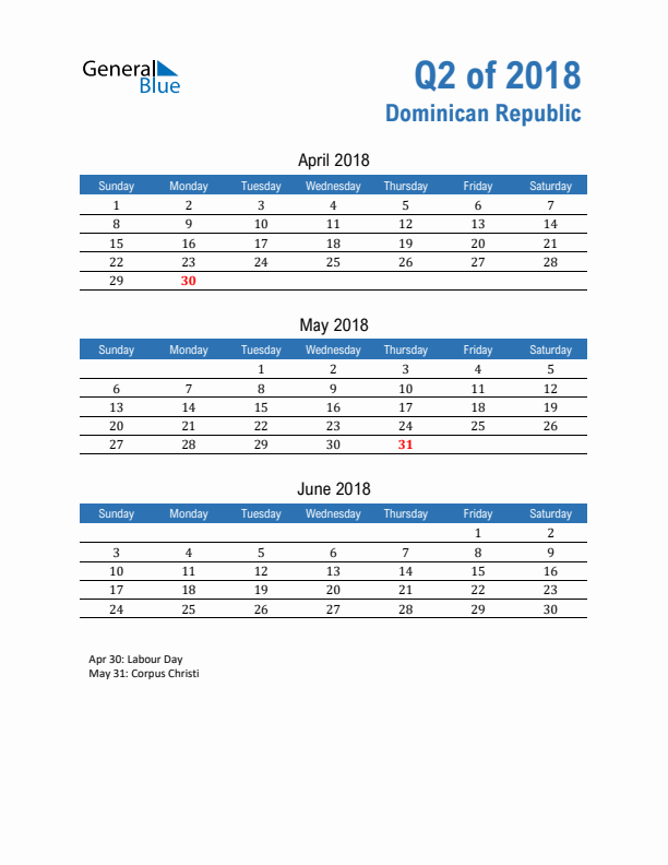 Dominican Republic Q2 2018 Quarterly Calendar with Sunday Start