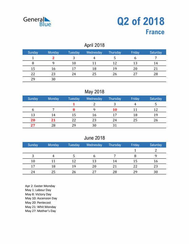 France Q2 2018 Quarterly Calendar with Sunday Start