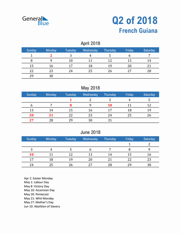 French Guiana Q2 2018 Quarterly Calendar with Sunday Start