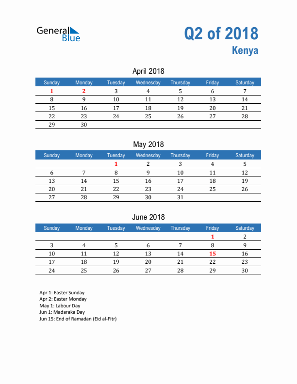 Kenya Q2 2018 Quarterly Calendar with Sunday Start