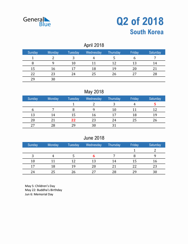 South Korea Q2 2018 Quarterly Calendar with Sunday Start