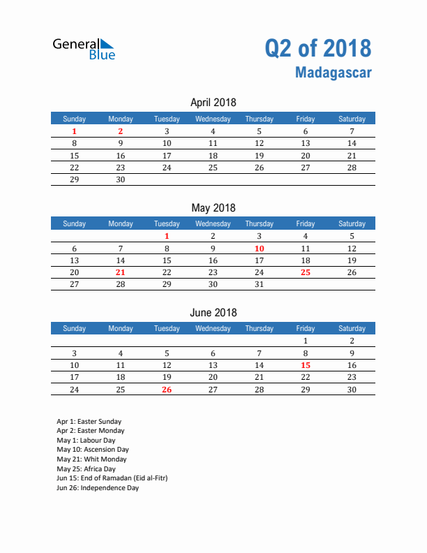 Madagascar Q2 2018 Quarterly Calendar with Sunday Start