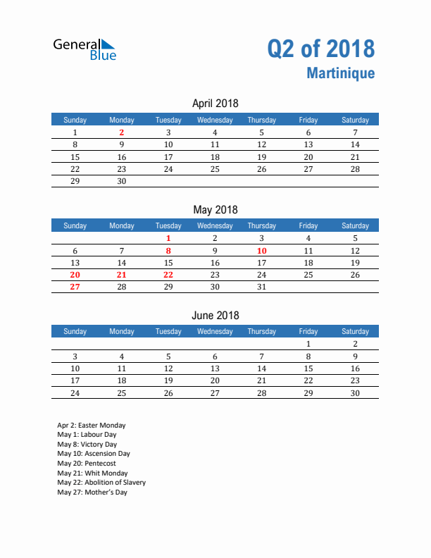 Martinique Q2 2018 Quarterly Calendar with Sunday Start