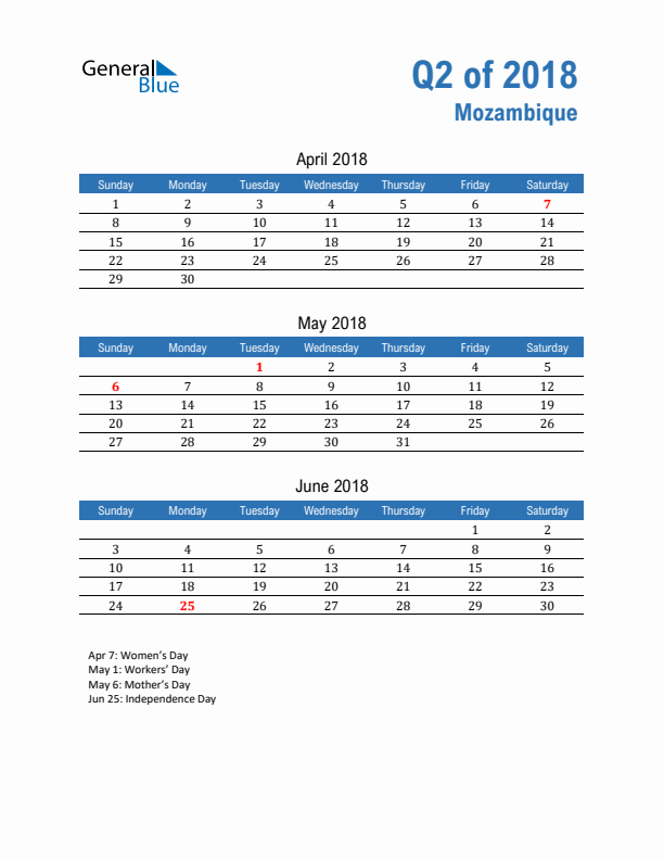 Mozambique Q2 2018 Quarterly Calendar with Sunday Start