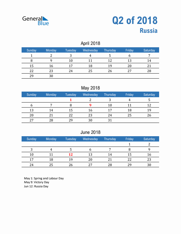 Russia Q2 2018 Quarterly Calendar with Sunday Start