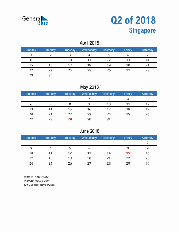 Singapore Q2 2018 Quarterly Calendar with Sunday Start