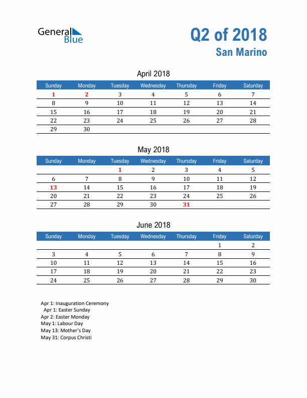 San Marino Q2 2018 Quarterly Calendar with Sunday Start