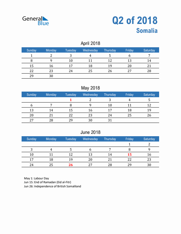 Somalia Q2 2018 Quarterly Calendar with Sunday Start