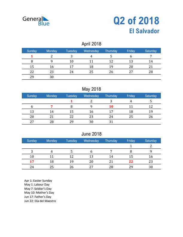 El Salvador Q2 2018 Quarterly Calendar with Sunday Start