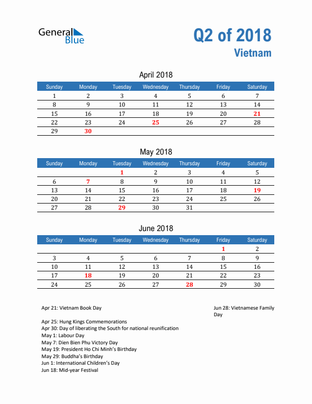 Vietnam Q2 2018 Quarterly Calendar with Sunday Start