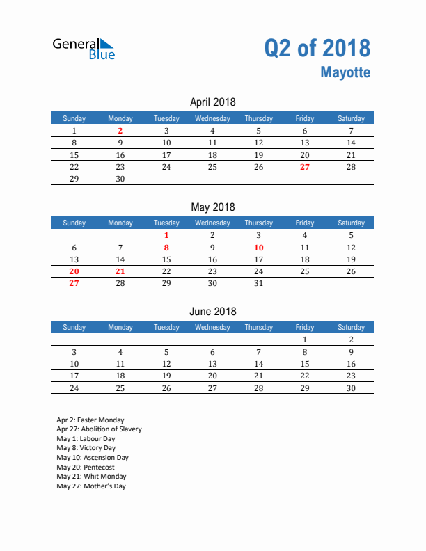 Mayotte Q2 2018 Quarterly Calendar with Sunday Start