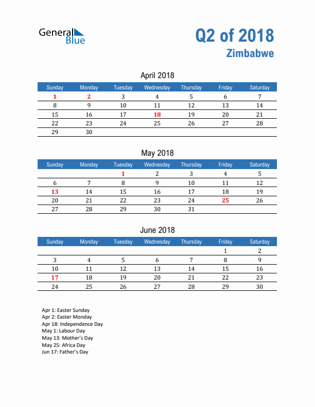 Zimbabwe Q2 2018 Quarterly Calendar with Sunday Start