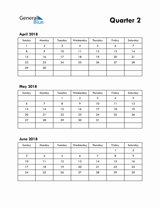 Quarter 2 2018 Calendar - Sunday Start