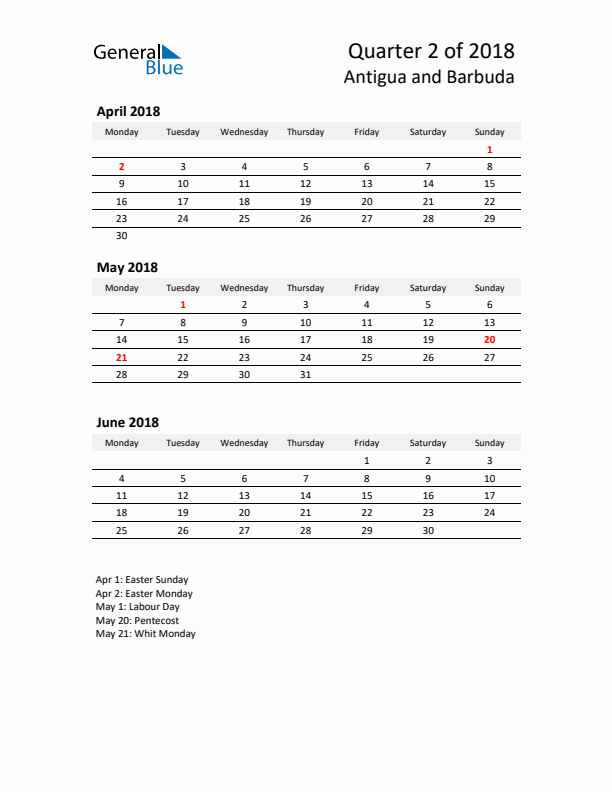 2018 Q2 Three-Month Calendar for Antigua and Barbuda