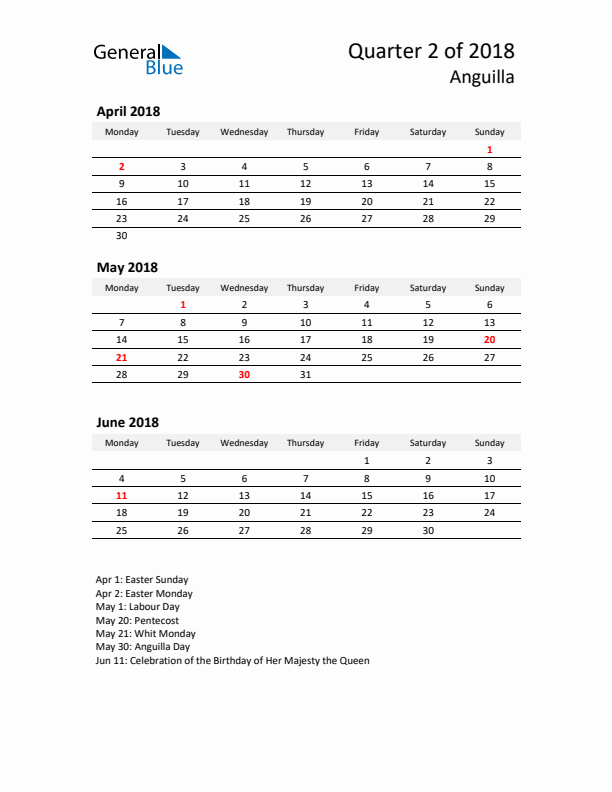 2018 Q2 Three-Month Calendar for Anguilla