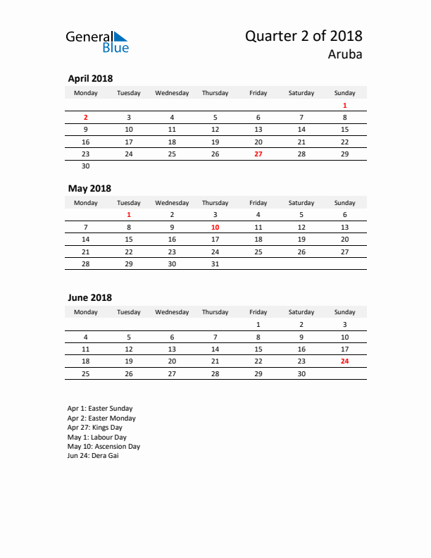 2018 Q2 Three-Month Calendar for Aruba